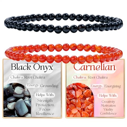 Bivei 2-teiliges 4 mm Perlenarmband Damen – Schwarzer Onyx, Karneol – Handgefertigter Naturstein Heilsteine Edelstein Perlen Armband, Yoga, Meditation, Schutz Geschenk von Bivei