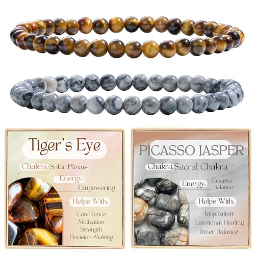 Bivei 2-teiliges 4 mm Perlenarmband Damen – Tigerauge, Picasso Jaspis – Handgefertigter Naturstein Heilsteine Edelstein Perlen Armband, Yoga, Meditation, Schutz Geschenk von Bivei