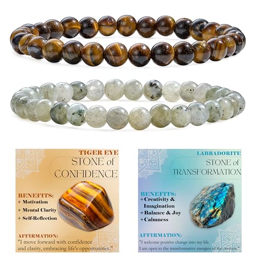 Bivei 2-teiliges 6 mm Perlenarmband Damen – Tigerauge, Labradorit – Handgefertigter Naturstein Heilsteine Edelstein Perlen Armband, Yoga, Meditation, Schutz Geschenk von Bivei