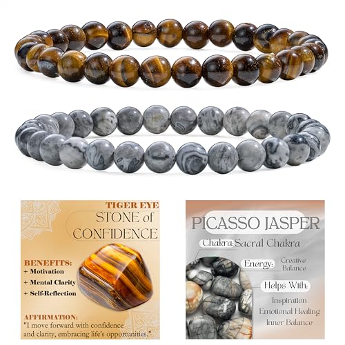 Bivei 2-teiliges 6 mm Perlenarmband Damen – Tigerauge, Picasso Jaspis – Handgefertigter Naturstein Heilsteine Edelstein Perlen Armband, Yoga, Meditation, Schutz Geschenk von Bivei
