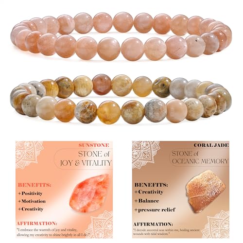 Bivei 2-teiliges 6 mm perlenarmband Damen – Sonnenstein, Korallenjade – Handgefertigter Naturstein heilsteine edelstein perlen armband,Yoga, Meditation, Schutz Geschenk von Bivei
