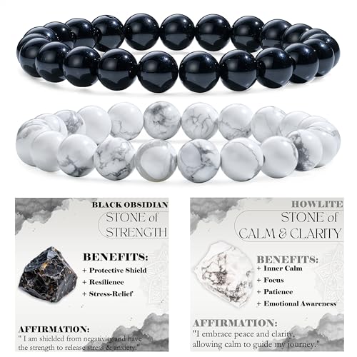 Bivei 2-teiliges 8 mm Perlenarmband Damen – Schwarzer Obsidian, Howlith – Handgefertigter Naturstein Heilsteine Edelstein Perlen Armband, Yoga, Meditation, Schutz Geschenk von Bivei