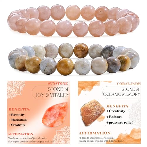 Bivei 2-teiliges 8 mm perlenarmband Damen – Sonnenstein, Korallenjade – Handgefertigter Naturstein heilsteine edelstein perlen armband,Yoga, Meditation, Schutz Geschenk von Bivei