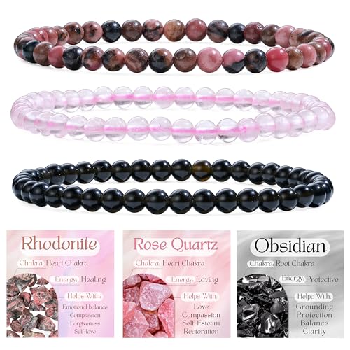 Bivei 3-teiliges 4 mm Perlenarmband Damen – Rhodonit, Rosenquarz, Schwarzer Obsidian – Handgefertigter Naturstein Heilsteine Edelstein Perlen Armband, Yoga, Meditation, Schutz Geschenk von Bivei