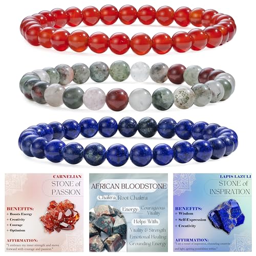 Bivei 3-teiliges 6 mm Perlenarmband Damen – Karneol, Afrikanischer Blutstein, Lapislazuli – Handgefertigter Naturstein Heilsteine Edelstein Perlen Armband, Yoga, Meditation, Schutz Geschenk von Bivei