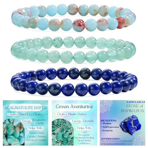 Bivei 3-teiliges 6 mm Perlenarmband Damen – Lizardit, Grüner Aventurin, Lapislazuli – Handgefertigter Naturstein Heilsteine Edelstein Perlen Armband, Yoga, Meditation, Schutz Geschenk von Bivei