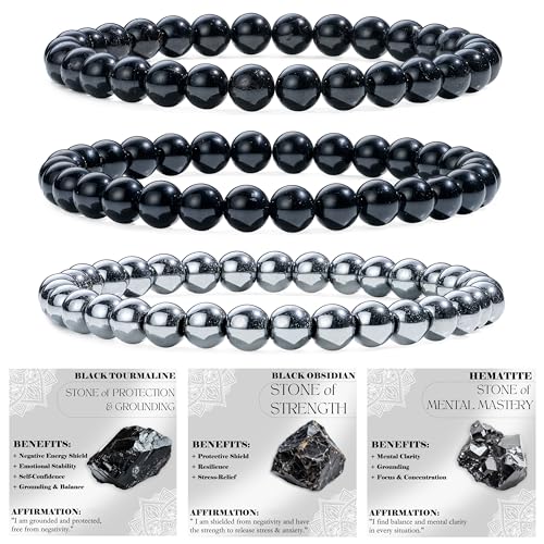 Bivei 3-teiliges 6 mm Perlenarmband Damen – Schwarzer Turmalin, Schwarzer Obsidian, Hämatit – Handgefertigter Naturstein Heilsteine Edelstein Perlen Armband, Yoga, Meditation, Schutz Geschenk von Bivei