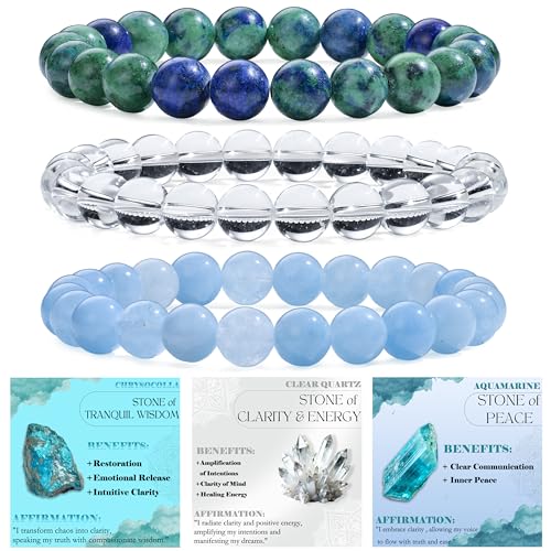 Bivei 3-teiliges 8 mm Perlenarmband Damen – Chrysokoll, Bergkristall, Aquamarin – Handgefertigter Naturstein Heilsteine Edelstein Perlen Armband, Yoga, Meditation, Schutz Geschenk von Bivei