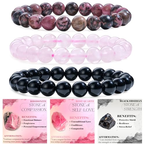 Bivei 3-teiliges 8 mm Perlenarmband Damen – Rhodonit, Rosenquarz, Schwarzer Obsidian – Handgefertigter Naturstein Heilsteine Edelstein Perlen Armband, Yoga, Meditation, Schutz Geschenk von Bivei