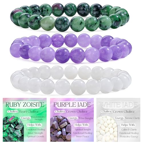 Bivei 3-teiliges 8 mm Perlenarmband Damen – Rubin Zoisit, Lila Jade, Weiße Jade – Handgefertigter Naturstein Heilsteine Edelstein Perlen Armband, Yoga, Meditation, Schutz Geschenk von Bivei