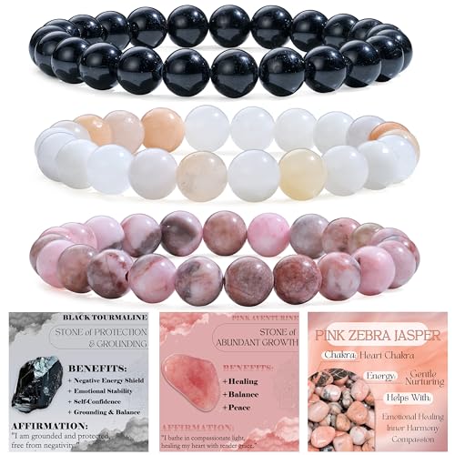 Bivei 3-teiliges 8 mm Perlenarmband Damen – Schwarzer Turmalin, Rosa Aventurin, Pink Zebra Stein – Handgefertigter Naturstein Heilsteine Edelstein Perlen Armband, Yoga, Meditation, Schutz Geschenk von Bivei