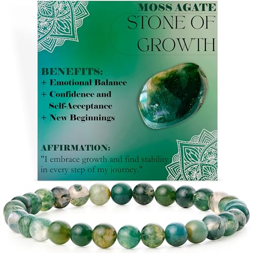 Bivei Perlenarmband für Frauen 6mm Semi Precious Natural Stone Stretch elastischen Schmuck Yoga Geschenke(Moosachat - Wachstum) von Bivei