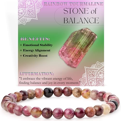 Bivei Regenbogen Tournalin - Gleichgewicht - Perlenarmband für Frauen 6mm Halbedelstein dehnbarer elastischer Schmuck Yoga Geschenke von Bivei