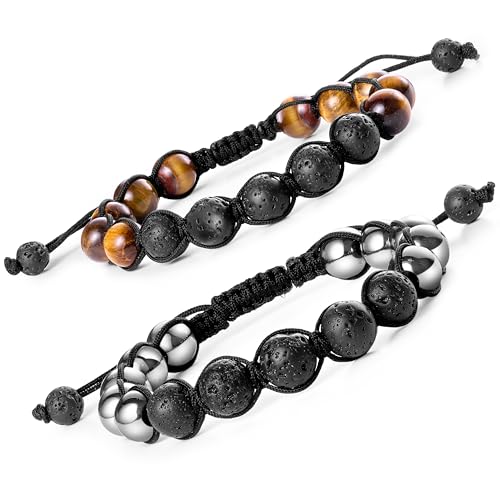 Bivei Lava Rock Stone Essential Oil Diffuser Armband - Tigerauge und Hämatit - Verstellbares geflochtenes Edelsteinarmband für Männer und Frauen von Bivei