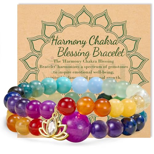 Bivei Natursteinarmbänder Kristall- und Stein-Chakra-Perlenstretch-Armband 8mm Reiki Halbedelstein-Lotus-Charme Spiritueller Schmuck Geschenke Segensarmbänder für Frauen (17CM 7 Chakren) von Bivei