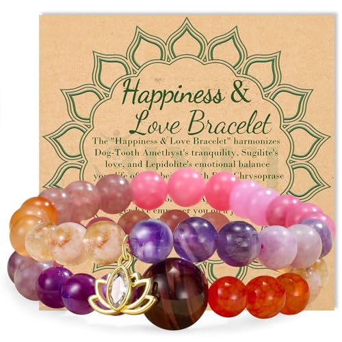 Bivei Natursteinarmbänder Kristall- und Stein-Chakra-Perlenstretch-Armband in Rosa und Lila 8mm Reiki Halbedelstein-Lotus-Charme Schmuckgeschenke Paar-Armbänder für Frauen (Rosa) von Bivei