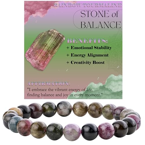 Bivei Regenbogen Tourmalin - Gleichgewicht Perlenarmband für Frauen 8mm Semi Precious Natural Stone Stretch elastischen Schmuck Yoga Geschenke von Bivei