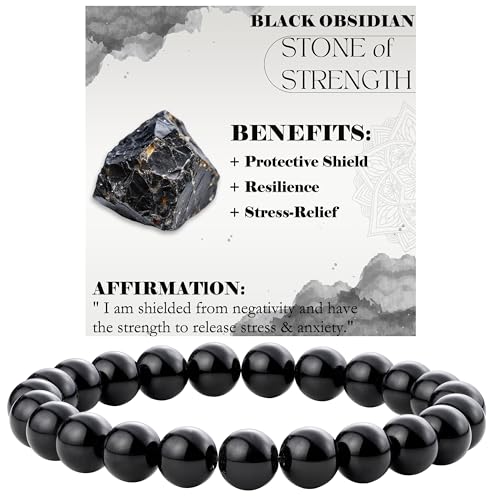 Bivei Schwarzer Obsidian - Stärke - Perlenarmband für Frauen 8mm Halbedelstein dehnbarer elastischer Schmuck Yoga Geschenke Klein Bivei Schwarzer Obsidian - Stärke - Perlenarmband für Frauen 8mm Halbedelstein dehnbarer elastischer Schmuck Yoga Geschenke Klein von Bivei