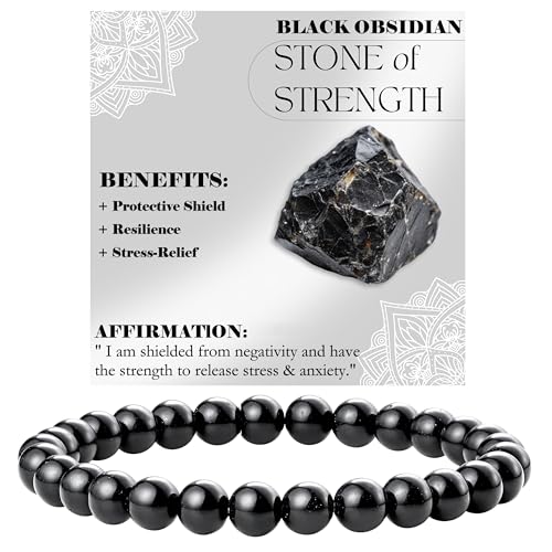 Bivei Schwarzer Obsidian - Stärke - Perlenarmband für Frauen 6mm Halbedelstein dehnbarer elastischer Schmuck Yoga Geschenke von Bivei