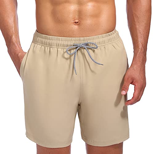 Biwisy Herren-Badehose, schnell trocknend, Strandshorts, Netzfutter, Bademode, Badeanzüge mit Taschen, beige, XL von Biwisy