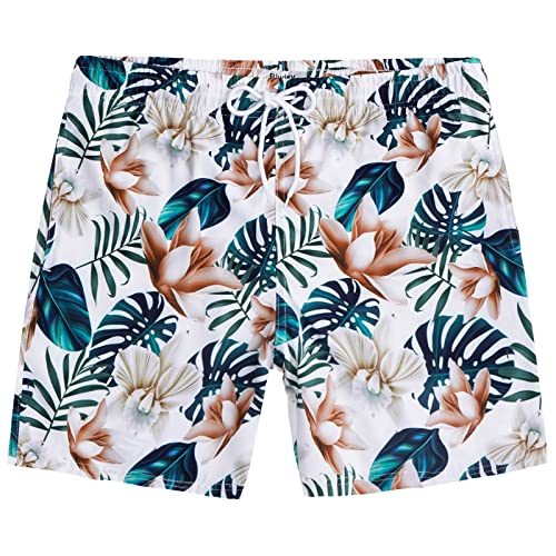 Biwisy Herren-Badehose, schnelltrocknend, mit Netzfutter, lustige Strandshorts, Weiße und braune Blumen, Medium von Biwisy