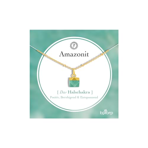 Bixorp Amazonit Chakra Halskette – Handgefertigter Amazonit Anhänger – Vergoldete Edelstahlkette auf Geschenkkarte mit Geschenkumschlag – (36 cm + 8 cm verstellbar) von Bixorp