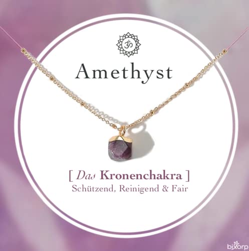 Bixorp Amethyst Chakra Halskette – Handgefertigter Amethyst Anhänger – Vergoldete Edelstahlkette auf Geschenkkarte mit Geschenkumschlag – (36 cm + 8 cm verstellbar) von Bixorp