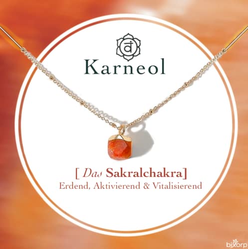 Bixorp Karneol Chakra Halskette – Handgefertigter Karneol Anhänger – Vergoldete Edelstahlkette auf Geschenkkarte mit Geschenkumschlag – (36 cm + 8 cm verstellbar) von Bixorp