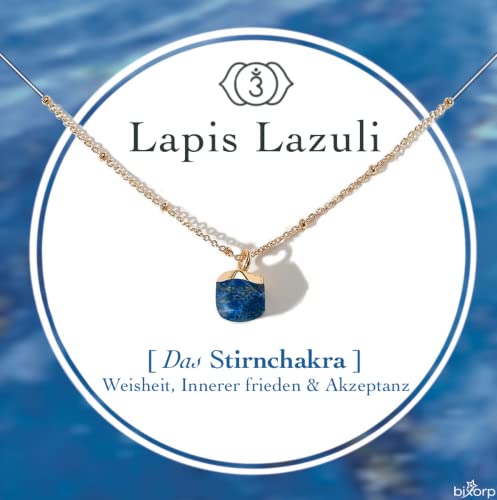 Bixorp Lapislazuli Chakra Halskette – Handgefertigter Lapis Lazuli Anhänger – Vergoldete Edelstahlkette auf Geschenkkarte mit Geschenkumschlag – (36 cm + 8 cm verstellbar) von Bixorp
