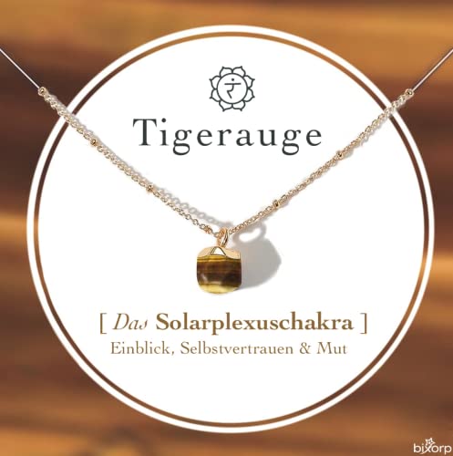 Bixorp Tigerauge Chakra Halskette – Handgefertigter Tigerauge Anhänger – Vergoldete Edelstahlkette auf Geschenkkarte mit Geschenkumschlag – (36 cm + 8 cm verstellbar) von Bixorp