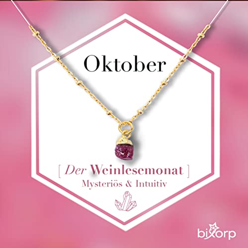 Bixorp Geburtsstein Halskette Oktober mit rohem Turmalin - 18 Karat Vergoldung - Edelstahl - 36cm + 8cm verstellbar von Bixorp