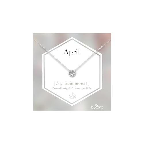 Bixorp Geburtsstein Halskette mit Zirkonia-Anhänger April - Edelstahlkette mit rundem Zirkonia-Kristall - April/Diamant - Silber von Bixorp