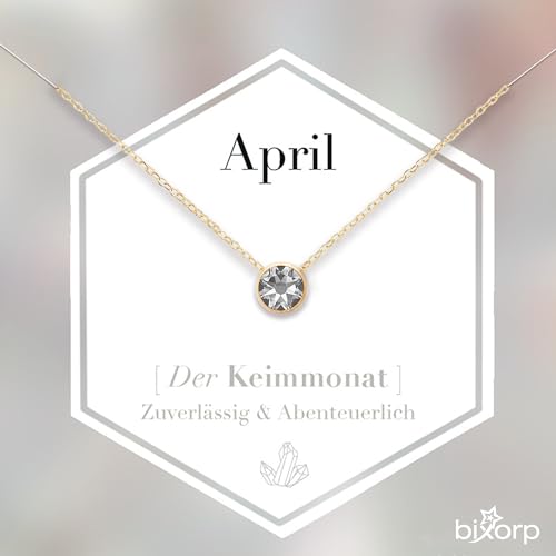 Bixorp Geburtsstein Halskette mit Zirkonia-Anhänger April - Edelstahlkette mit rundem Zirkonia-Kristall - April/Diamant - Gold von Bixorp