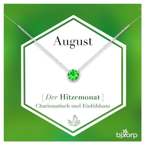 Bixorp Geburtsstein Halskette mit Zirkonia-Anhänger August - Edelstahlkette mit rundem Zirkonia-Kristall - August/Peridot - Silber von Bixorp