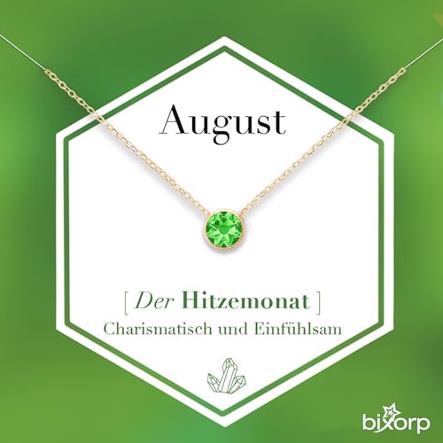 Bixorp Geburtsstein Halskette mit Zirkonia-Anhänger August - Edelstahlkette mit rundem Zirkonia-Kristall - August/Peridot - Gold von Bixorp