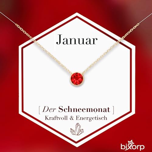 Bixorp Geburtsstein Halskette mit Zirkonia-Anhänger Januar - Edelstahlkette mit rundem Zirkonia-Kristall - Januar/Granat - Gold von Bixorp