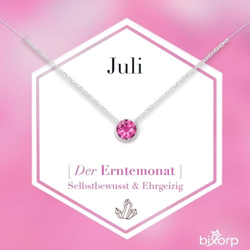 Bixorp Geburtsstein Halskette mit Zirkonia-Anhänger Juli - Edelstahlkette mit rundem Zirkonia-Kristall - Juli/Rubin - Silber von Bixorp