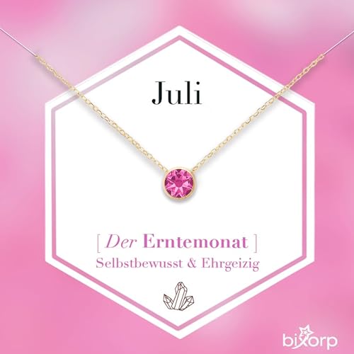 Bixorp Geburtsstein Halskette mit Zirkonia-Anhänger Juli - Edelstahlkette mit rundem Zirkonia-Kristall - Juli/Rubin - Gold von Bixorp