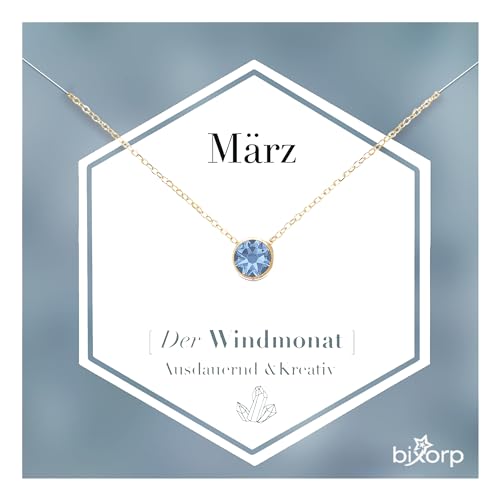 Bixorp Geburtsstein Halskette mit Zirkonia-Anhänger März - Edelstahlkette mit rundem Zirkonia-Kristall - März/Aquamarin - Gold von Bixorp