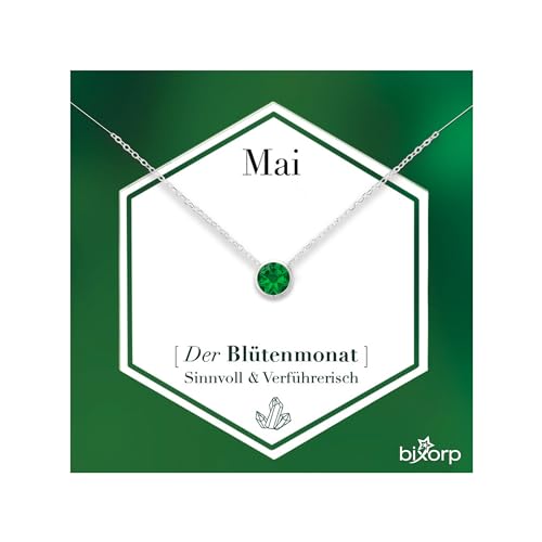 Bixorp Geburtsstein Halskette mit Zirkonia-Anhänger Mai - Edelstahlkette mit rundem Zirkonia-Kristall - Mai/Smaragd - Silber von Bixorp