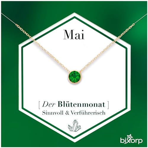 Bixorp Geburtsstein Halskette mit Zirkonia-Anhänger Mai - Edelstahlkette mit rundem Zirkonia-Kristall - Mai/Smaragd - Gold von Bixorp