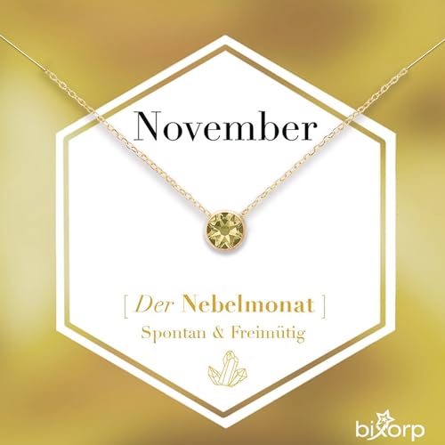 Bixorp Geburtsstein Halskette mit Zirkonia-Anhänger November - Edelstahlkette mit rundem Zirkonia-Kristall - November/Citrin - Gold von Bixorp
