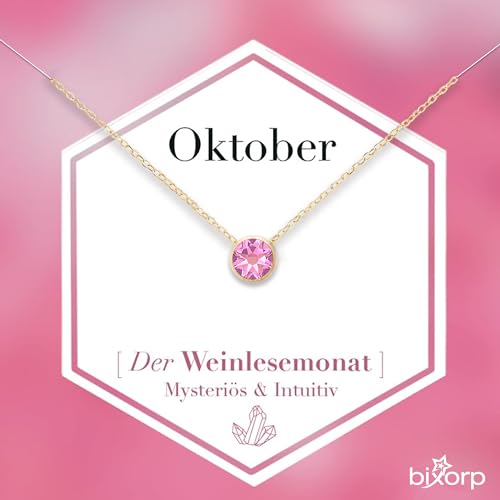 Bixorp Geburtsstein Halskette mit Zirkonia-Anhänger Oktober - Edelstahlkette mit rundem Zirkonia-Kristall - Oktober/Rosenquarz - Gold von Bixorp