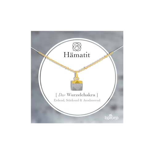 Bixorp Hämatit Chakra Halskette – Handgefertigter Hämatit Anhänger – Vergoldete Edelstahlkette auf Geschenkkarte mit Geschenkumschlag – (36 cm + 8 cm verstellbar) von Bixorp