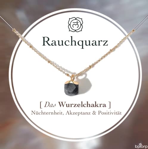 Bixorp Rauchquarz Chakra Halskette – Handgefertigter Rauchquarz Anhänger – Vergoldete Edelstahlkette auf Geschenkkarte mit Geschenkumschlag – (36 cm + 8 cm verstellbar) von Bixorp
