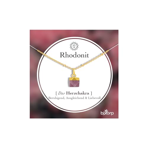 Bixorp Rhodonit Chakra Halskette – Handgefertigter Rhodonit Anhänger – Vergoldete Edelstahlkette auf Geschenkkarte mit Geschenkumschlag – (36 cm + 8 cm verstellbar) von Bixorp