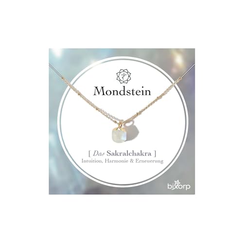 Bixorp Mondstein Chakra Halskette – Handgefertigter Mondstein Anhänger – Vergoldete Edelstahlkette auf Geschenkkarte mit Geschenkumschlag – (36 cm + 8 cm verstellbar) von Bixorp