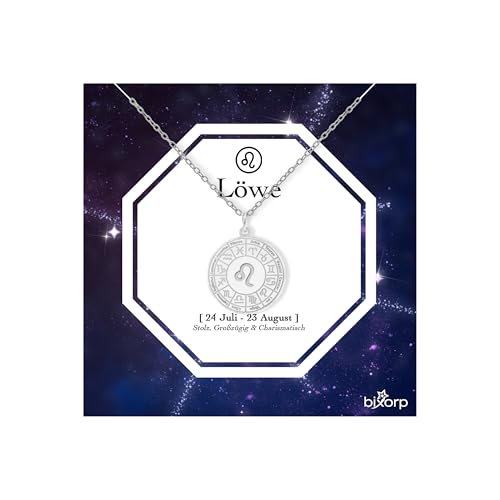 Bixorp Sternzeichen Löwe Halskette - Sternzeichen-Medalion aus Edelstahl in Silber – Zodiac-Halskette auf Geschenkkarte von Bixorp