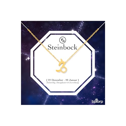 Bixorp Sternzeichen Steinbock Halskette - Sternzeichen-Kette aus Edelstahl in Gold – Zodiac-Halskette auf Geschenkkarte von Bixorp
