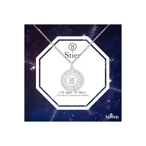 Bixorp Sternzeichen Stier Halskette - Sternzeichen-Medalion aus Edelstahl in Silber – Zodiac-Halskette auf Geschenkkarte von Bixorp